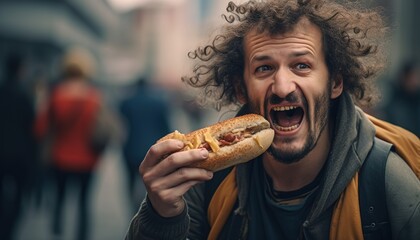 A very hungry homeless person is eating a hotdog on the street.