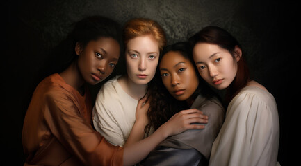 four different race woman wearing silk dress with different color skin and perfect skin tones are posing for a picture