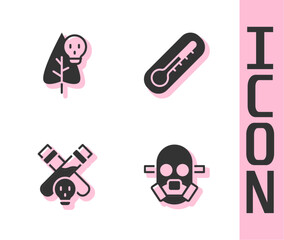 Set Gas mask, Poison flower, Bottle with potion and Thermometer icon. Vector