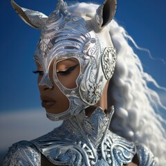 A statuesque woman stands proudly against a backdrop of expansive sky, clothed in a shimmering silver garment that evokes the power and grace of a wild horse