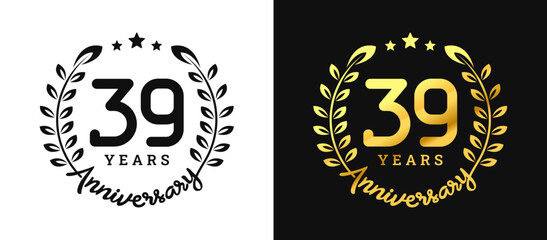 Anniversary 39 gold numbers. Minimalist design template, modern, elegant celebrating anniversary event. label, vector, sign, illustration, banner, symbol, icon, design, sticker, tag, badge, element

