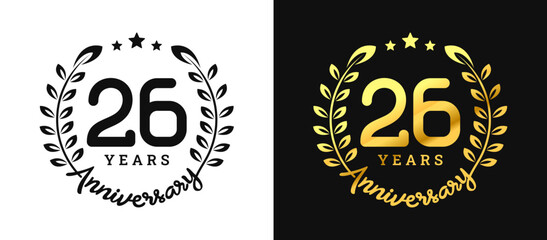 Anniversary 26 gold numbers. Minimalist design template, modern, elegant celebrating anniversary event. label, vector, sign, illustration, banner, symbol, icon, design, sticker, tag, badge, element
