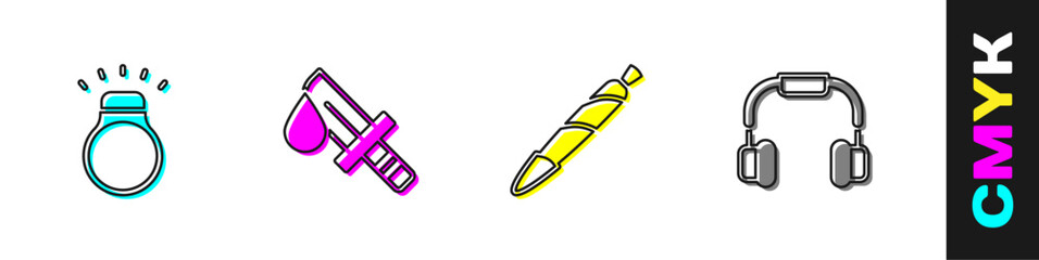 Set Diamond ring, Bloody knife, Marijuana joint, spliff and Headphones icon. Vector