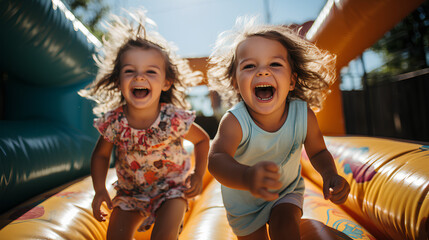 Two cute little girls having fun on a trampoline at the playground