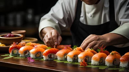 Tuinposter Japanese chef preparing a sushi roll in a restaurant, close-up © Dream Studio