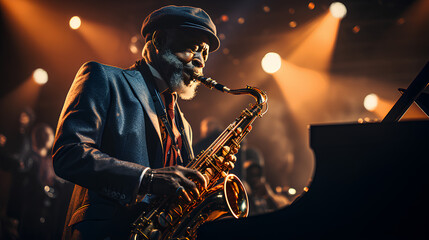Singer with his saxophone during a concert  - Powered by Adobe