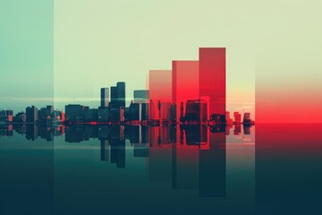 Teal and Red City Minimalism in a negative artistic space. Visual abstract metaphor. Geometric shapes with gradients. - obrazy, fototapety, plakaty