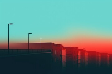 Teal and Red City Minimalism in a negative artistic space. Visual abstract metaphor. Geometric shapes with gradients.