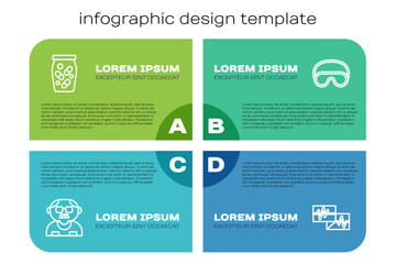 Set line Grandfather, Medicine bottle pills, Monitor with cardiogram and Eye sleep mask. Business infographic template. Vector