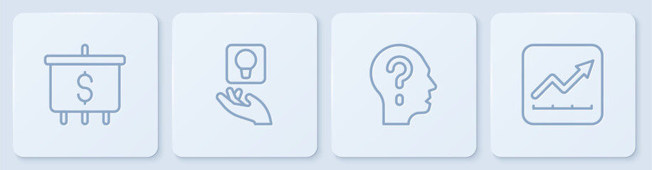 Set line Target with dollar, Head question mark, Light bulb and Financial growth increase. White square button. Vector