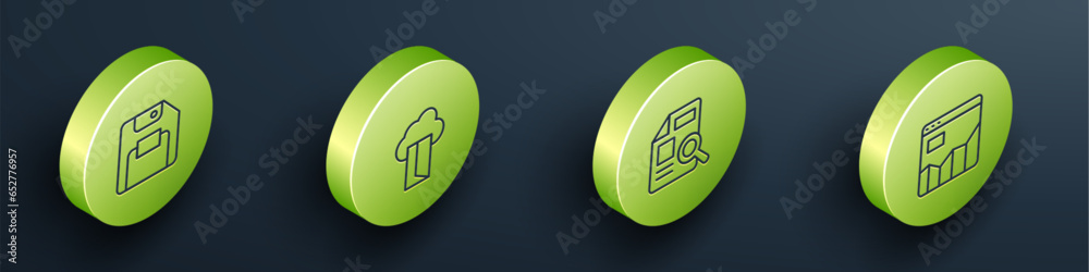 Poster set isometric line floppy disk, cloud database, document with graph chart and graph infographic icon