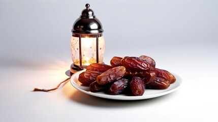 Dates on the plates with lantern and dates leaves
