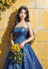Floral Elegance: Blue Dress with Yellow Blossoms