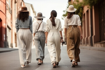 A group of young women walks through a European city in casual linen clothes.