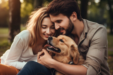 Beautiful dink couple cuddling a dog in the park.