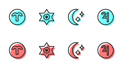 Set line Moon and stars, Aries zodiac, Falling and Symbol Jupiter icon. Vector