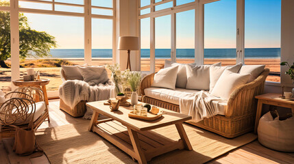 Beach-themed living room with wicker furniture and seashell decor.