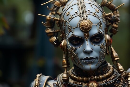 Character from a steampunk film with intricate makeup and props, Generative AI