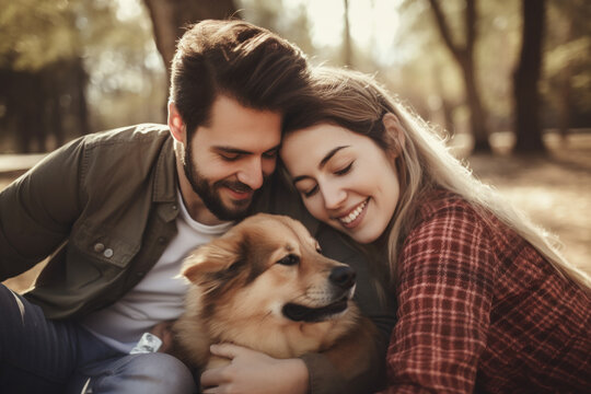 Beautiful dink couple cuddling a dog in the park.