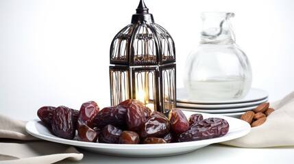 Dates on the plates with lantern and dates leaves