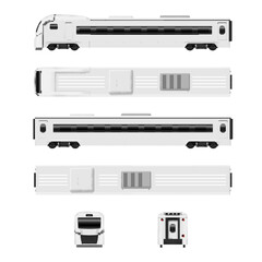 White modern passenger speed train wagon locomotive set different view realistic vector illustration