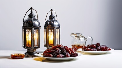 Dates on the plates with lantern and dates leaves