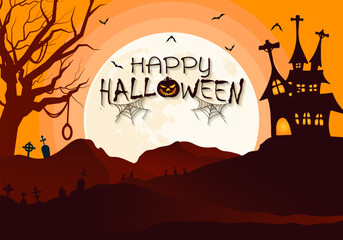 Happy halloween background illustration with big full moon and hill landscape with frightening bewitched house