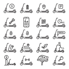 Electric scooter rental sharing service mobile app QR code eco transport line art icon set vector