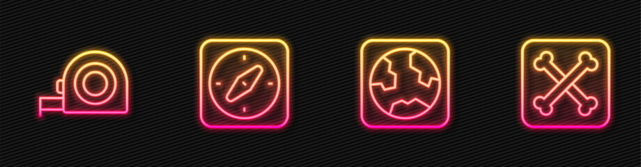 Set line Earth globe, Roulette construction, Compass and Archeology. Glowing neon icon. Vector