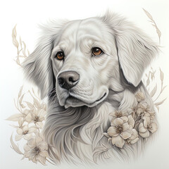 Pencil drawing, portrait of a golden retriever