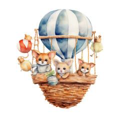 Fototapeta na wymiar Watercolor illustration, travel balloon with cute animals. Generative AI, png