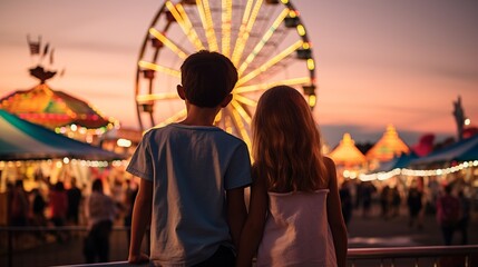 Two children, hands intertwined, stand in awe, gazing at the enchantment of a carnival. Behind them, a brilliantly Ferris wheel pierces the twilight, surrounded by candyfloss-like clouds