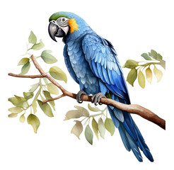Watercolor illustration, blue macaw parrot. Generative AI, png