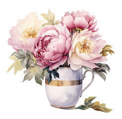 Watercolor illustration, cute vase with peony flowers. Generative AI, png