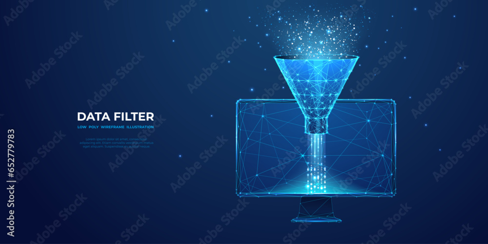 Aufkleber Digital Sales Funnel on Computer Monitor. Big Data Concept on Technological Background. Abstract Data Flow and Filter on the Screen. Low Poly Wireframe Vector Illustration. Starry sky polygonal style