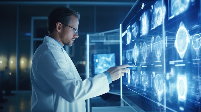 doctor working and checking on big screen lighting in futuristic lab transforming hospital wards, the future of high tech healthcare, Generative AI
