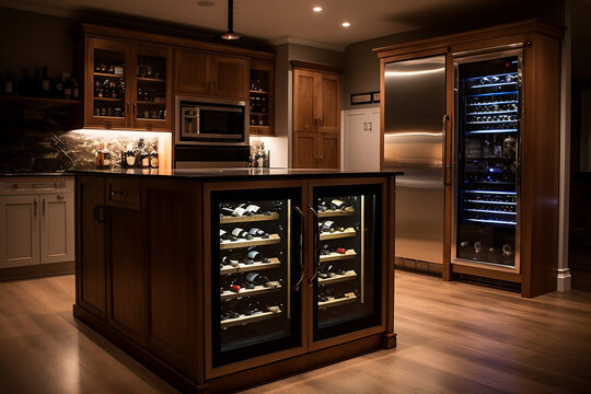 Cooling and preserving wine at home concept. Huge wine fridge, special refrigerator, temperature-controlled appliance meant to store wine bottles chill wine in flat apartment kitchen