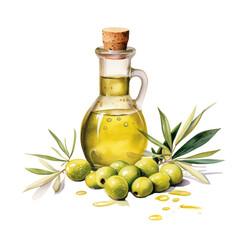 Watercolor illustration, olive oil. Generative AI, png