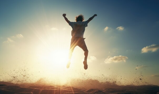 Photo of a man leaping towards the sun in a breathtaking moment of freedom and energy