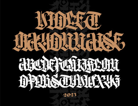 Gothic. Vector. Uppercase letters on a dark background. Beautiful and stylish calligraphy. Elegant European typeface for tattoo and design. Medieval Germanic modern style.