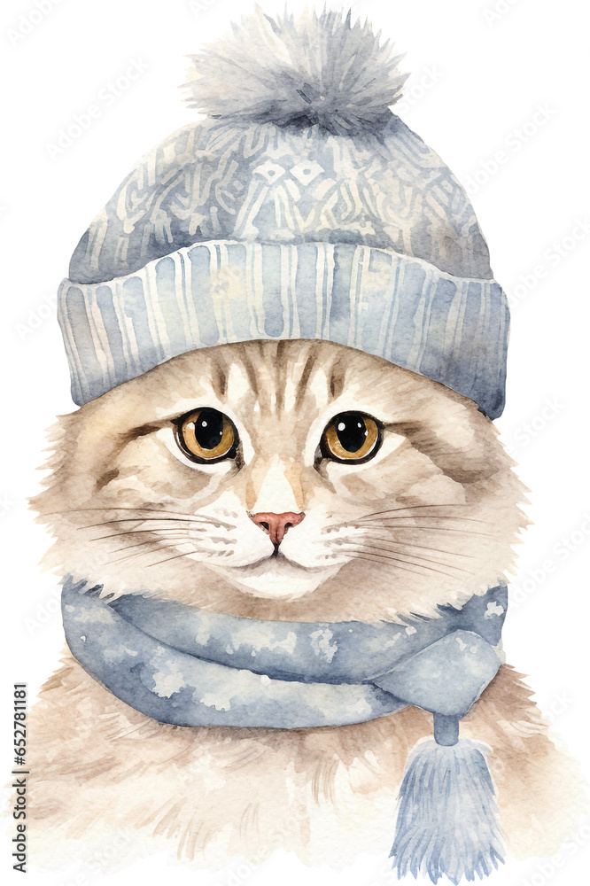 Poster cat in knitted hat illustration created with generative ai technology