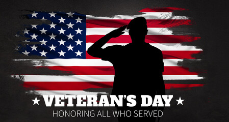 Veterans Day. America, USA flag. Text Honoring all who served. 3d illustration. - obrazy, fototapety, plakaty