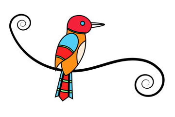 A colorful bird is sitting on a branch. Vector, drawing, doodle.