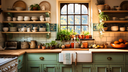English cottage kitchen with a belfast sink and open shelving. - obrazy, fototapety, plakaty