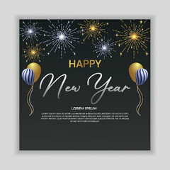 Happy New Year background with fireworks and Ballons. Vector illustration.