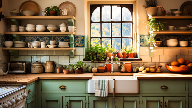 English cottage kitchen with a belfast sink and open shelving.