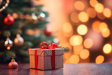 Fototapeta na wymiar Gift box and Christmas tree in the house, beautiful Christmas background.