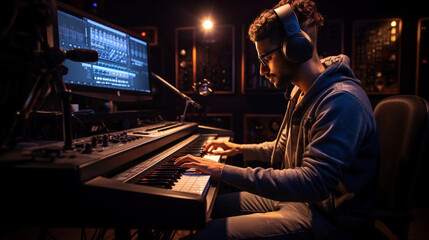 Musician composing a soulful melody. Sonic journey. An artist in a dim studio, translating emotions...
