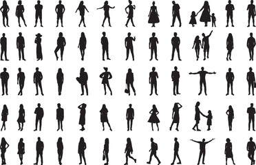set of people, men and women silhouette on white background, vector