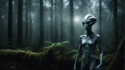 Alien in Forest. Gray Ufo Area 51 illustration in high resolution